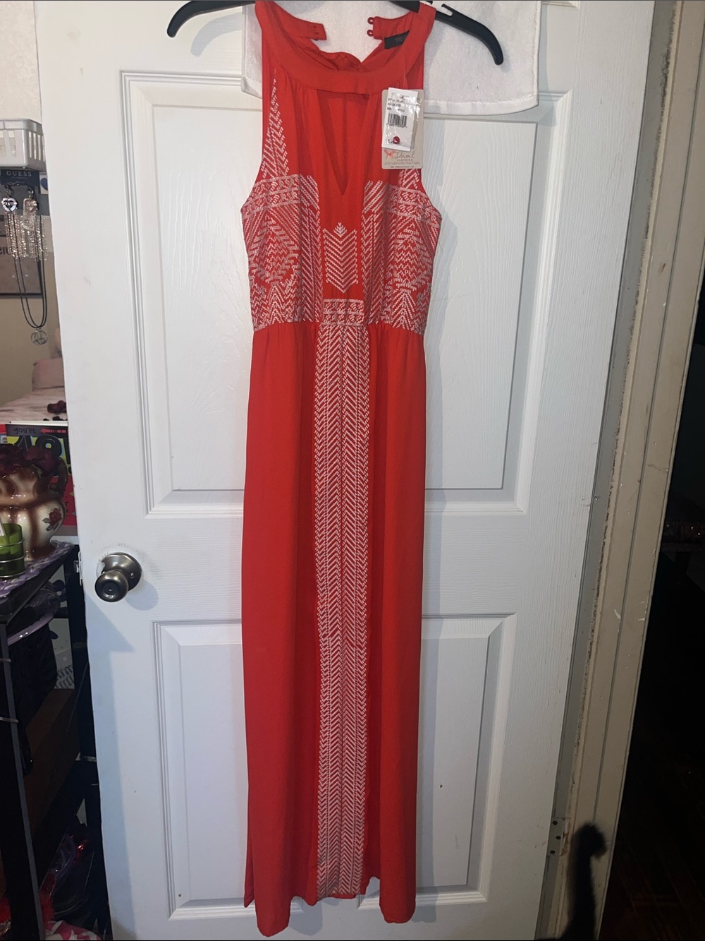 THML Red Maxi Dress with White Geometric Embroidery